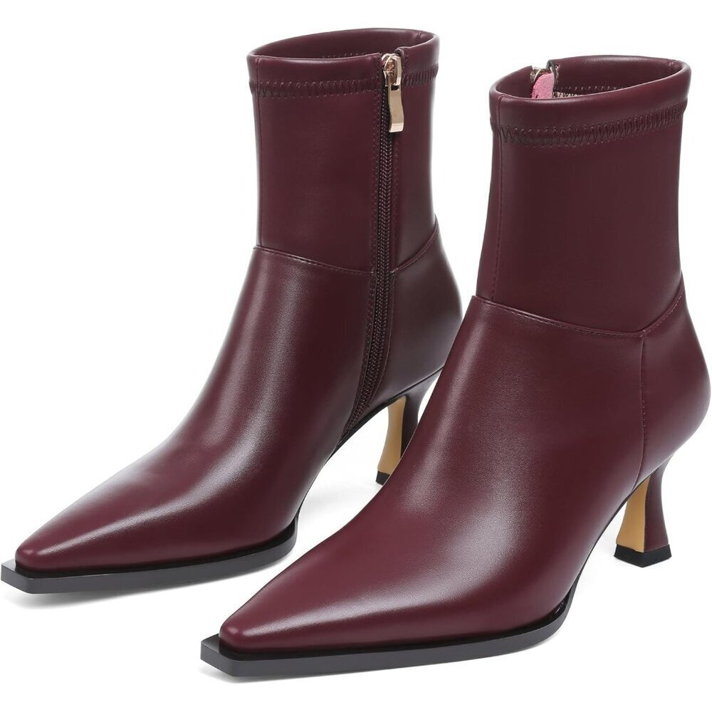 Women's Burgundy Fall Side Zip Ankle Mid Calf Pointed Toe Kitten Heel Boots
